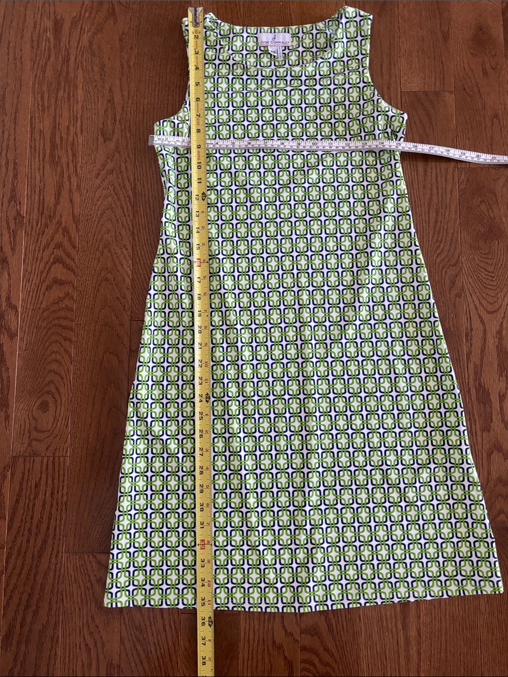Jude Connally Sleeveless Green, navy and white Geometric Shift Dress